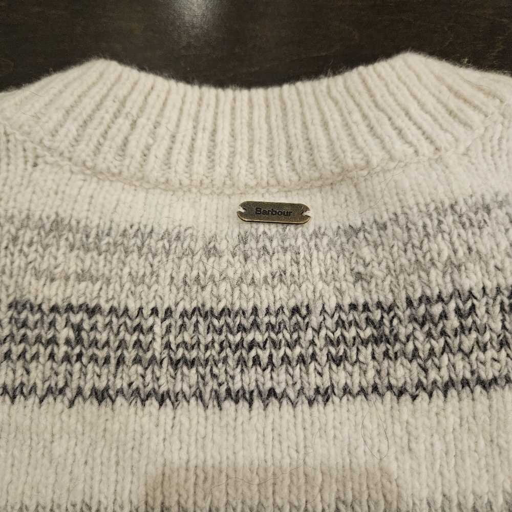 Barbour Ivory Grey Striped Anya Wool Blend Jumper Sweater US12 UK16 Chunky Prep - Picture 8 of 9